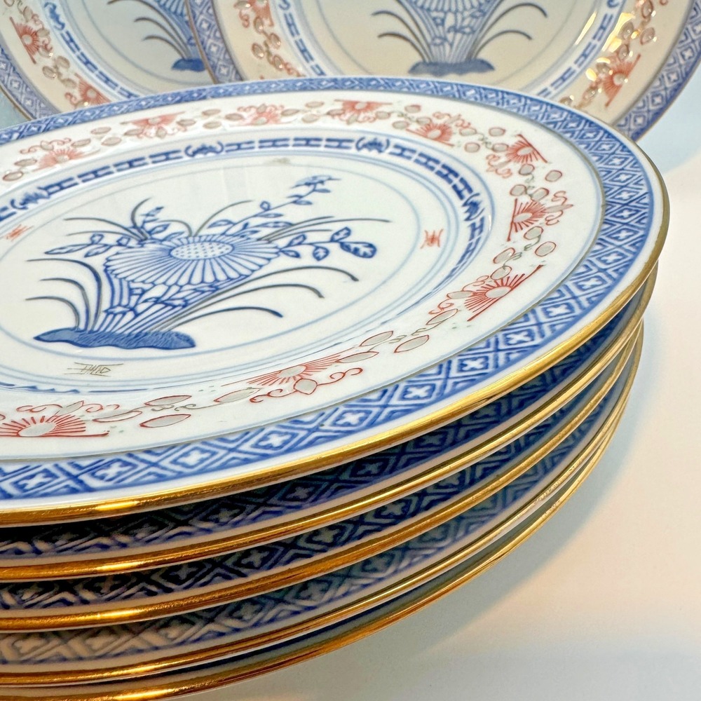 Vintage Chinese Porcelain Rice Flower Plate Blue White Gold Trim VOLUME DISCOUNT